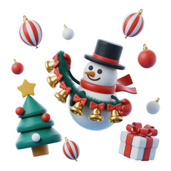 Cute christmas snowman with tree gift and ornaments holiday season winter festive celebration december joy
