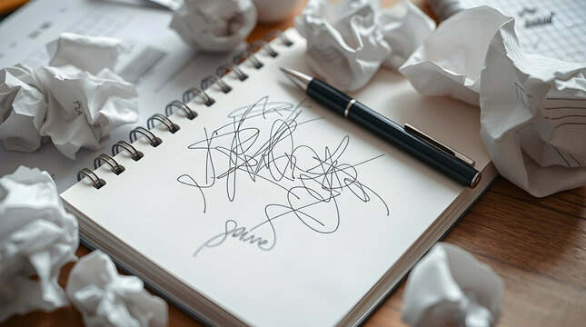 Writer struggling with creative block surrounded by crumpled paper on desk