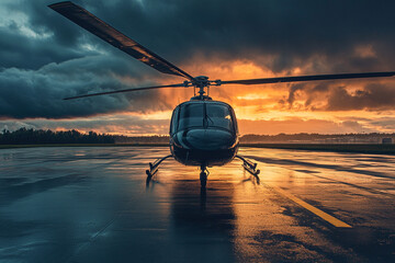 Black helicopter sunset helipad dramatic sky