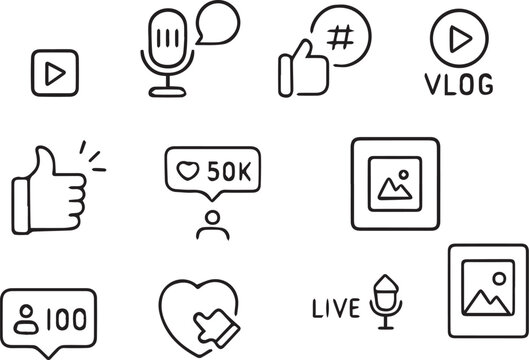 hand draw Social Media Content Creator Icon Set Minimal Line Style Vector Collection
