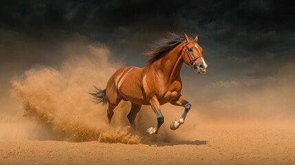 Magnificent Chestnut Horse Galloping Through Desert Dust Under a Dramatic Sky