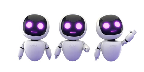 Three cute ai robots standing against black background digital render future tech robot technology ai assistance