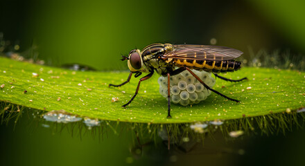 Fototapeta premium Female Horsefly Laying Eggs on Aquatic Vegetation
