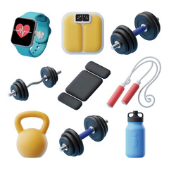 Fitness equipment workout gear healthy lifestyle dumbbells scale smart watch kettlebell gym bench jump rope