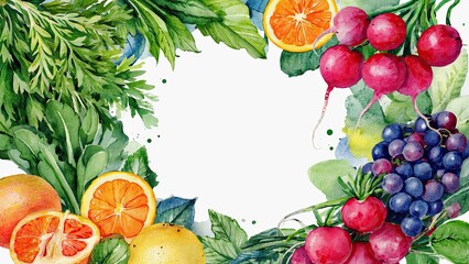 Watercolor frame of fruits and vegetables creating empty space