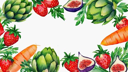 Watercolor frame of fresh fruits and vegetables creating empty space