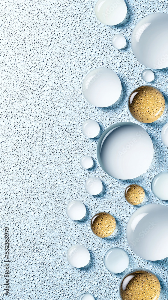 Poster Oil droplet water droplet surface abstract blue round shiny closeup create calming abstract pattern on textured background