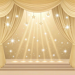 Cream stage background with golden light and glittering star effects.