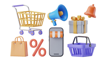 Online shopping sale promotion with cart gift box megaphone and percentage discount for ecommerce store