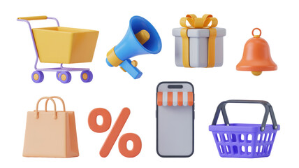 Online shopping sale promotion 3d render with cart megaphone gift notification and discount symbol 100