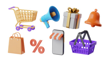 Online shopping sale promotion marketing discount offer retail store commerce e commerce illustration set