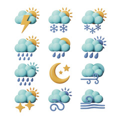Weather forecast icons set with sun cloud rain snow and wind for app or website design elements
