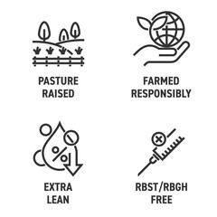 Beef quality icons - Farmed responsibly, Pasture raised, antibiotics free, Extra lean. in bold line