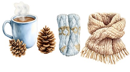 Watercolor of Warm Winter Essentials Featuring Mug, Pinecones, Socks, and Scarf