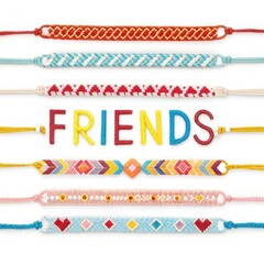 Colorful flat image set of friendship bands with unique patterns and playful “FRIENDS” text in bold colors, ideal for digital design and stickers.