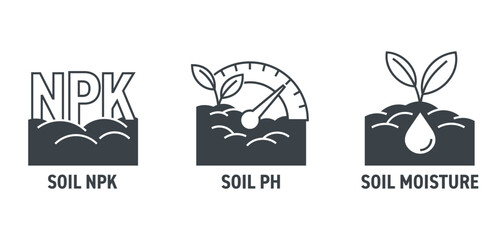 Soil quality sensors icons - Soil pH, moisture, NPK proportions. in monochrome style