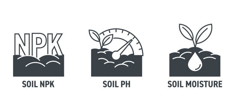 Soil quality sensors icons - Soil pH, moisture, NPK proportions. in monochrome style