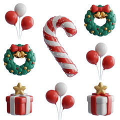 Christmas holiday decorations render with candy cane wreath balloons and presents for festive season 3d