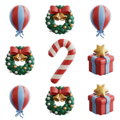 Christmas decorations 3d render with candy cane wreaths balloons and gifts for holiday season design