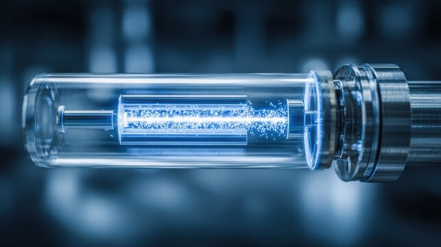 High-tech laboratory features a transparent syringe filled with luminescent fluid. The setting is illuminated with blue light, emphasizing the focus on scientific research and innovation