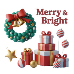 Christmas decorations gifts wreath merry and bright holiday season festive cheer seasonal greetings art 3d render