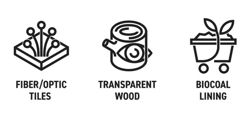 Innovative building materials - Transparent wood, Biocoal lining, Fiber Optic tiles. Icons set