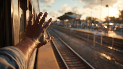 A traveler extends a hand from a moving train, bidding farewell to loved ones waiting on the platform at a lively train station during sunset. The warm light casts a nostalgic atmosphere