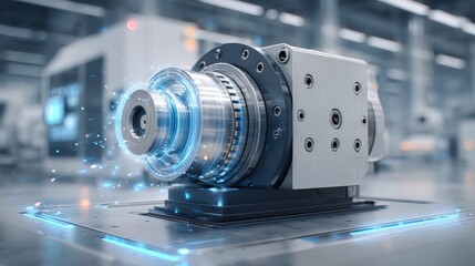 A detailed view of a high-tech machine component sits on a sleek platform in a contemporary manufacturing facility