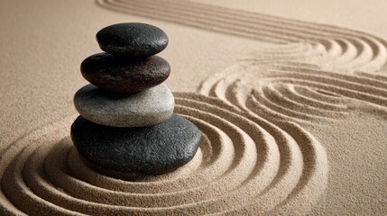 A pyramid of smooth stones rests atop finely raked sand, with gentle curves swirling around them. This tranquil scene evokes peace and promotes relaxation in a calm environment