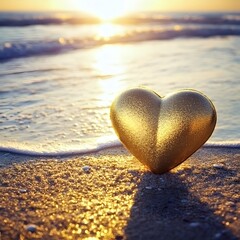 Fototapeta premium Golden Heart on Sandy Beach at Sunrise