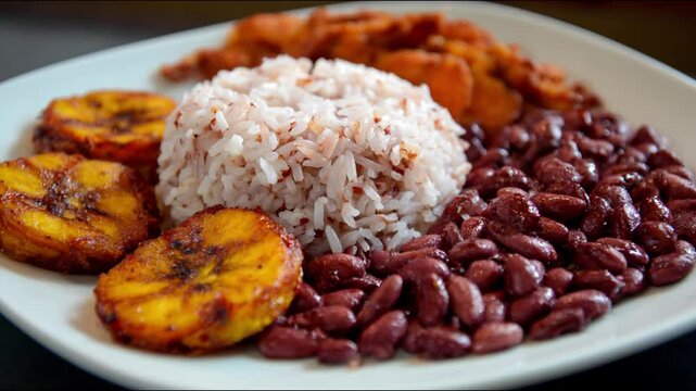 Delicious and healthy meal with rice, beans and fried plantains.