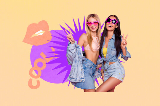 Contemporary art collage of two happy girls friends dance weekend relax occasion entertainment mouth cool celebration event chill