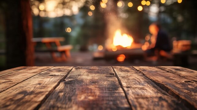 Campfire at night with wooden table in foreground and blurred lights creating a cozy outdoor vibe