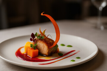 Exquisite gourmet dish with artistic presentation on white plate