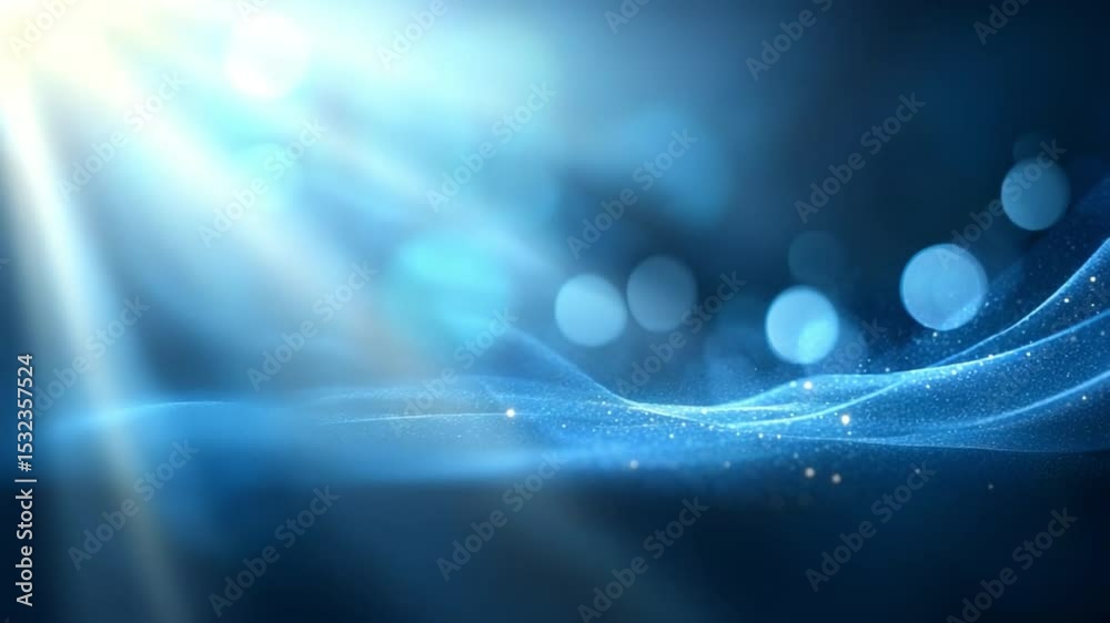 Poster Blue Abstract Background: Shimmering blue particles and light rays create a dynamic, abstract background perfect for presentations, websites or digital art.