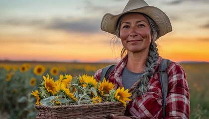 Woman holding a basket of sunflowers in a field during sunset