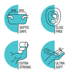 Toilet paper features icons - Soft, Strong, Clog-free, Septic-safe, in thin line