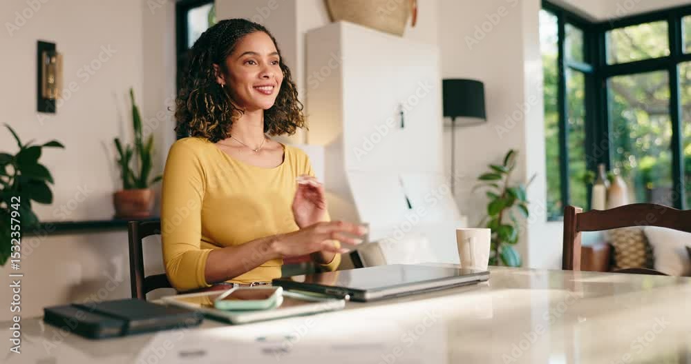 Poster remote work, thinking and woman on laptop in home for online article, writing proposal and newslette