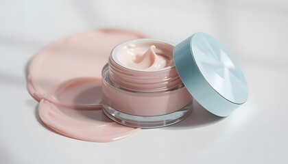 Macro shot of cosmetic container with twist-off lid, pastel colors, soft shadowing on white background, beauty product photography style