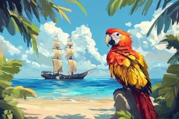 Crazy Bird Illustration: Pirate Parrot on Sailboat Adventure in Tropical Seascape