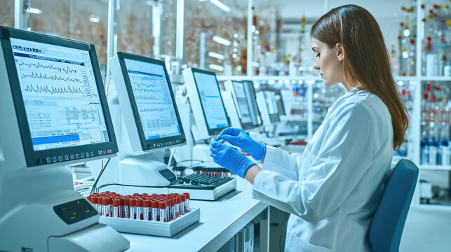 Female scientist laboratory computer analysis, medical research, blood sample testing, modern technology, healthcare innovation