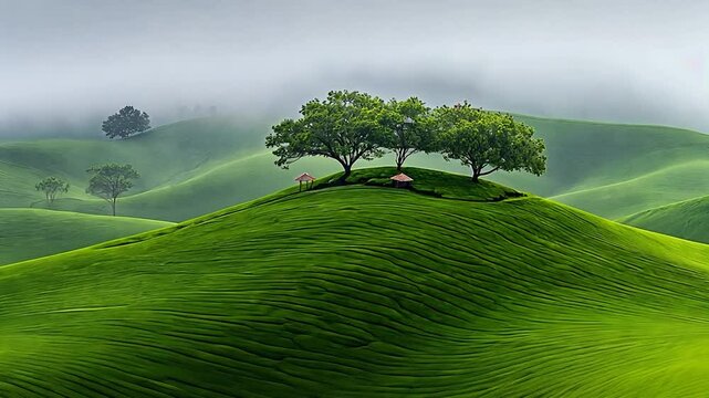 Serene Green Hillscape: Misty Morning in Rolling Meadows