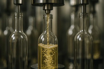 Automated bottling process filling glass bottles with golden liquid in factory setting
