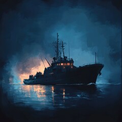 Fototapeta premium A dark, stylized illustration of a ship at night. The ship is silhouetted against a stormy, dark-blue night sky. Lights on the ship and the water create an ethereal glow