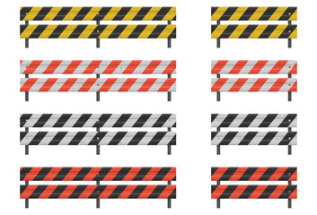 An array of roadside barriers with distinct color patterns and angled stripes, standing ready to guide and protect in various environments.