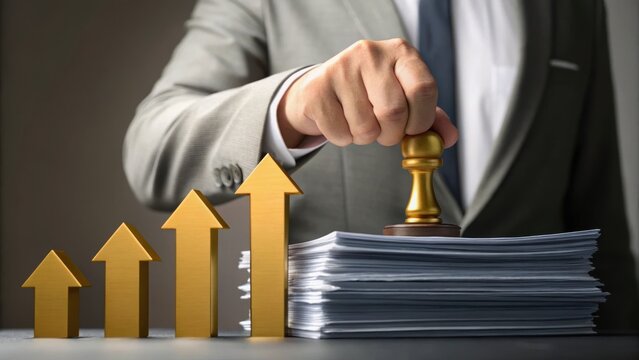 A business professional stamps documents with ascending gold arrows symbolizing growth and success.