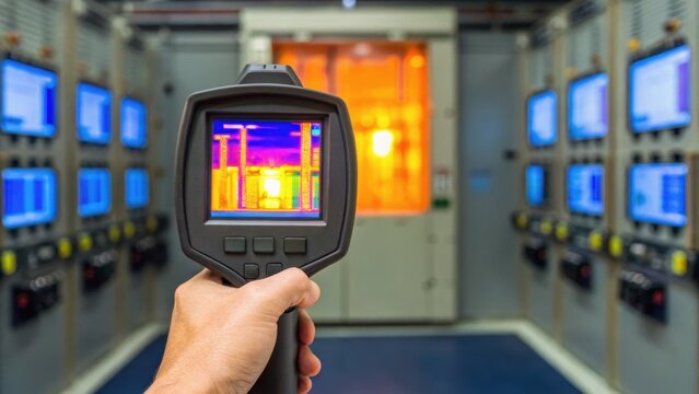 A hand holds a thermal imaging camera, displaying colorful temperature variations, in a high-tech control room filled with screens.