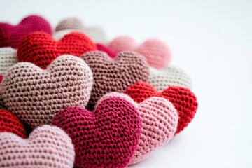 Crochet Love. Valentine Greeting Concept with Hand-Made Crochet Hearts Decoration