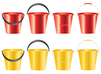 Eight colorful buckets, four red and four yellow, are arranged in a grid-like pattern against a stark white backdrop. Simple and useful.