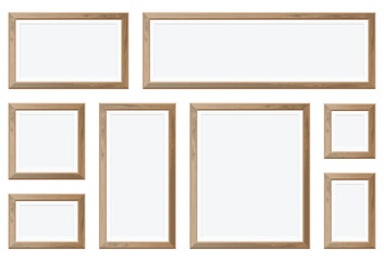 Wooden picture frames of various sizes displayed on a white background, offering a classic and customizable option for artwork display.